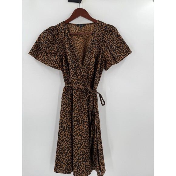 Women's - Madewell Painted Leopard Flutter Sleeve Wrap Mini Dress Size SMALL - Picture 7 of 12